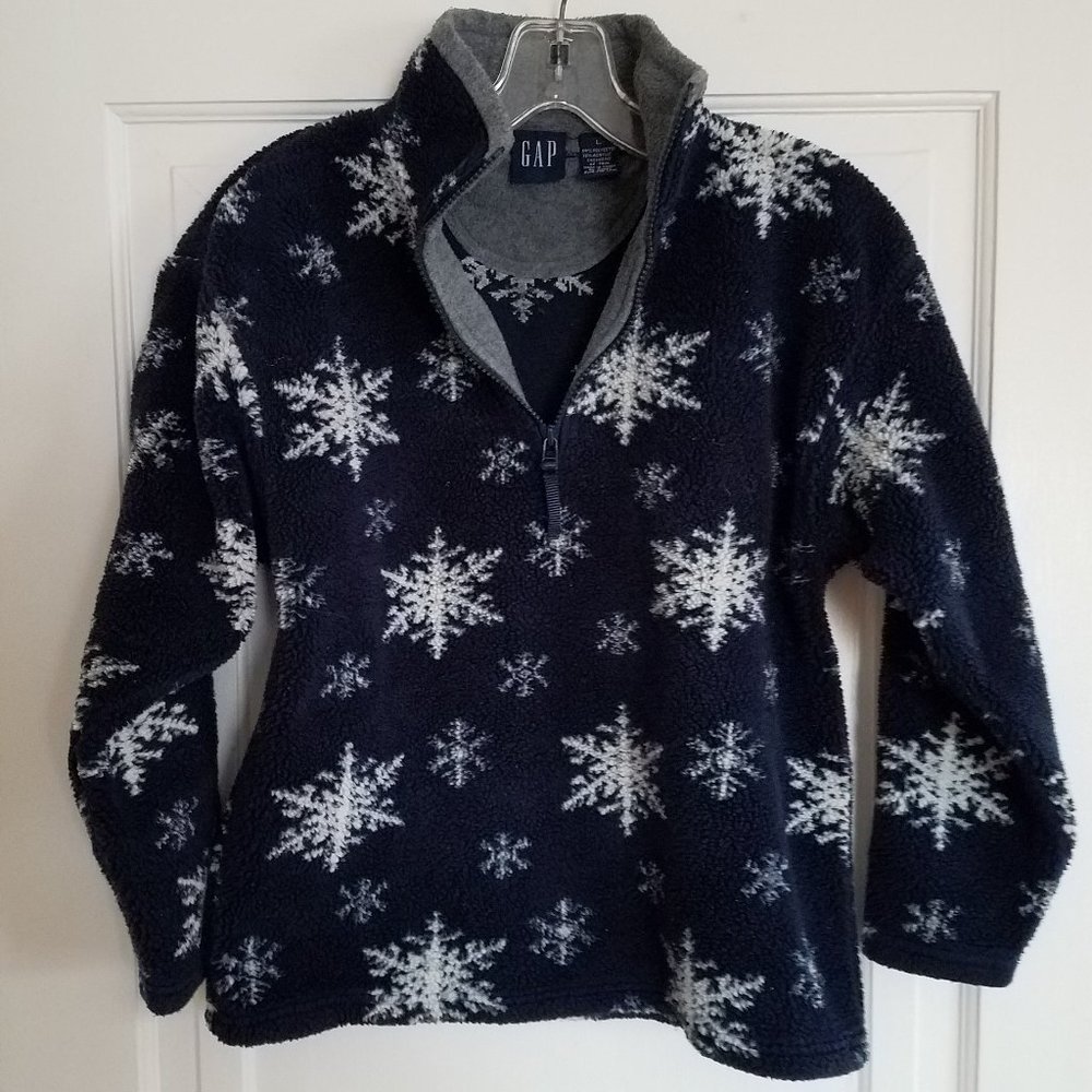 VINTAGE GAP Kids Navy Blue Snowflake Print Sherpa Fleece 1/4 Zip Pullover, L